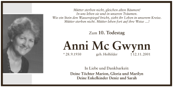 Traueranzeige von Anni Mc Gwynn von Pegnitz-Zeitung